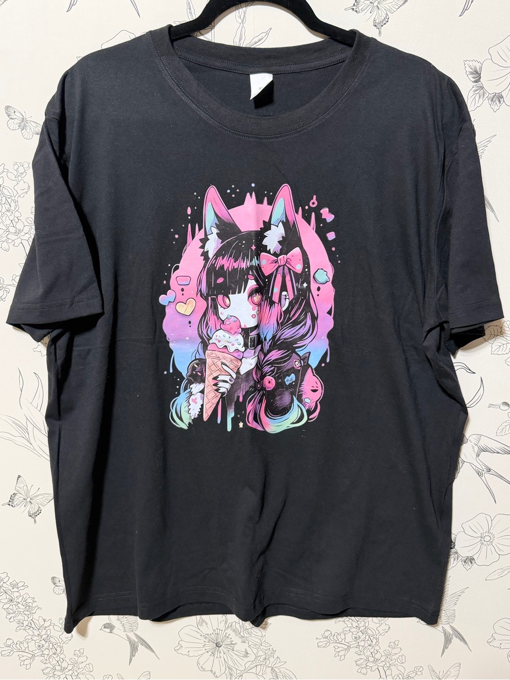Black Graphic Anime Girl Tee with Pink & Blue Accents-NWOT